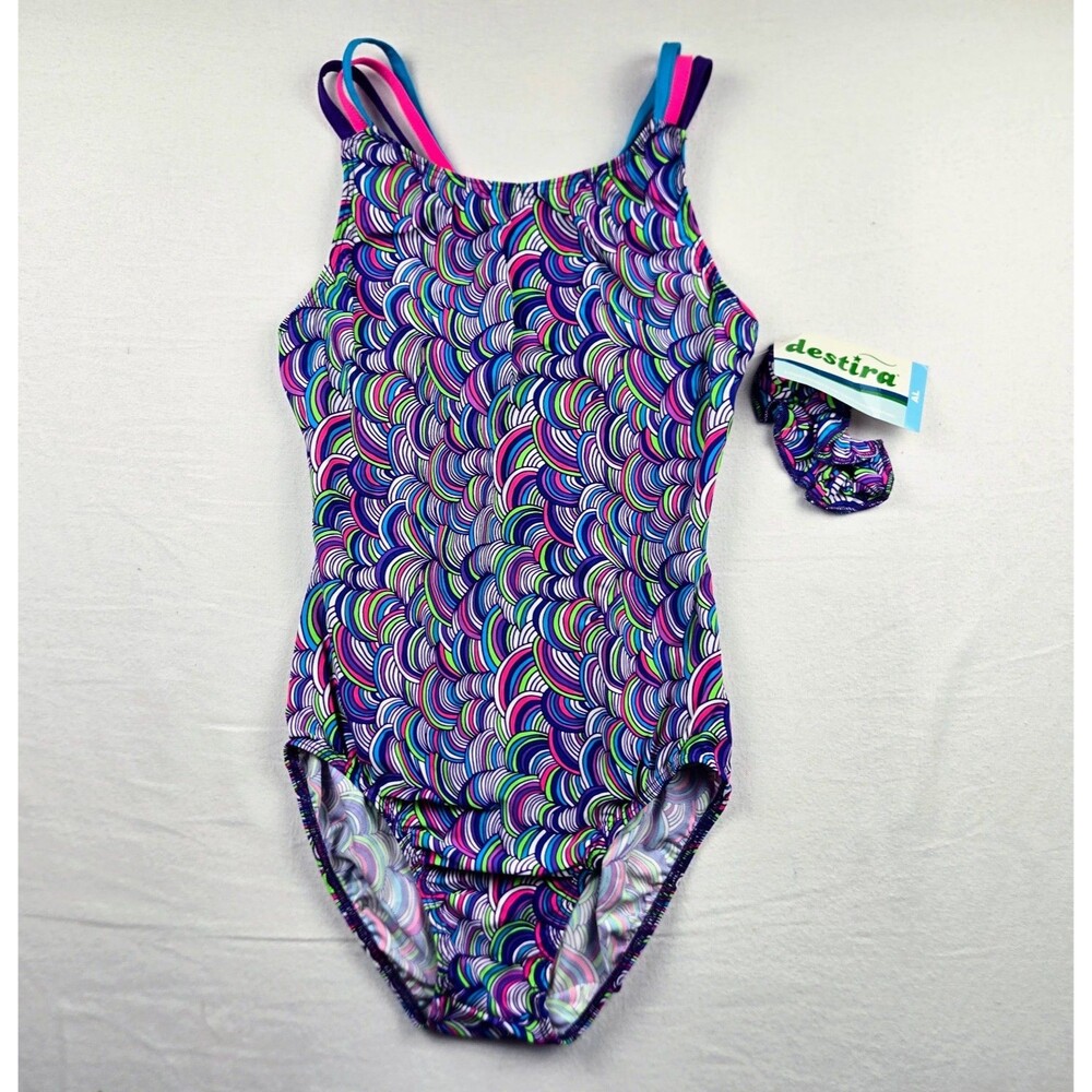 NWT Destira Adult Large Woven Back Gymnastics Leotard Yarn Pink Aqua Scrunchie